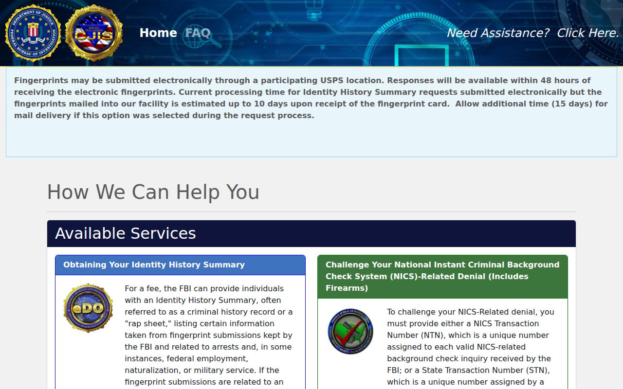 FBI electronic identity history summary self-request portal