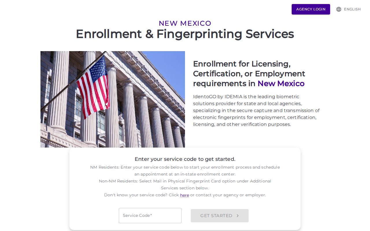NMAPS IdentoGO fingerprint enrollment page for New Mexico