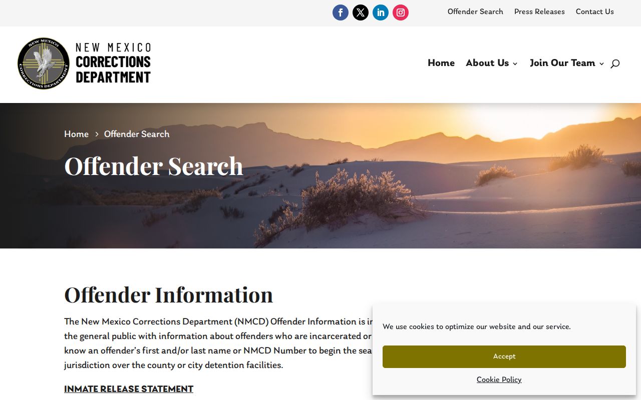 New Mexico Corrections Department offender search page