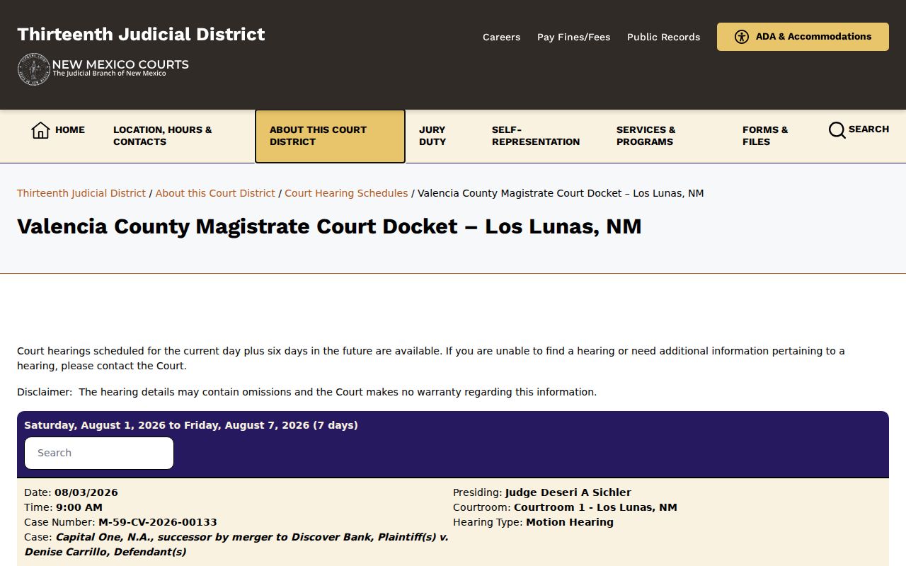 Valencia County criminal court case magistrate hearing docket
